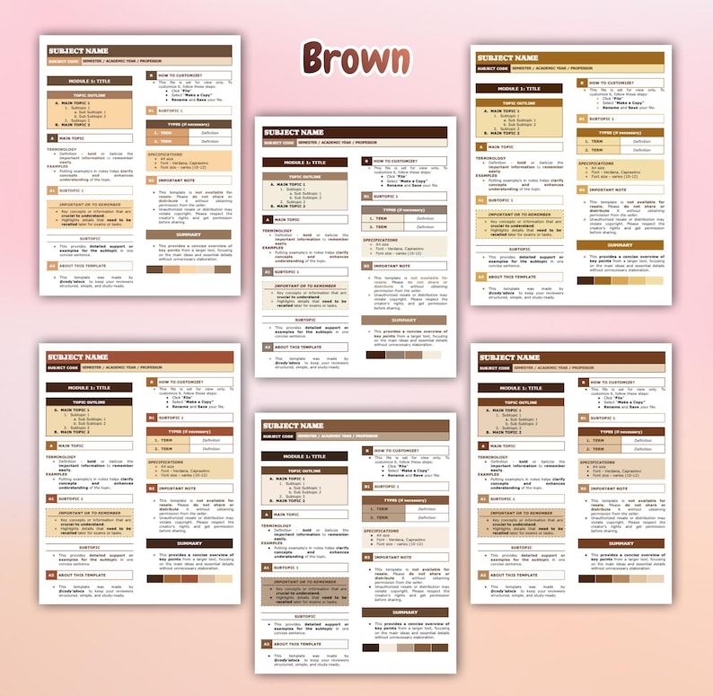 Peut inclure: Pr&eacute;sentation de six mod&egrave;les bruns et beiges avec du texte. Chaque mod&egrave;le comprend un titre, un plan de sujet et des sections pour la terminologie, les exemples et les r&eacute;sum&eacute;s. Le mot "Brown" est affich&eacute; en haut dans une police d&eacute;corative.