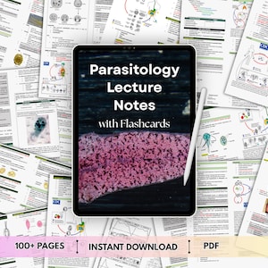 Könnte beinhalten: Ein digitales Tablet mit dem Text Parasitology Lecture Notes with Flashcards über einem mikroskopischen Bild von rosafarbenem Gewebe, begleitet von einem weißen Eingabestift. Der Bildschirm ist von einer Collage medizinischer Studienseiten umgeben.