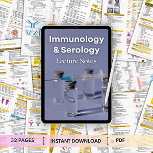 Pode incluir: Um tablet digital exibindo o título Immunology & Serology Lecture Notes com uma seringa sobre frascos de vidro. A tela está cercada por várias páginas impressas de conteúdo educacional com diagramas, gráficos e texto sobre sistemas imunológicos.