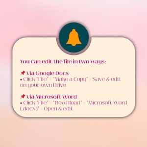 Peut inclure: Un document num&eacute;rique avec des instructions sur la fa&ccedil;on de modifier un fichier de deux mani&egrave;res. Le texte est sur un fond beige clair avec un cercle vert fonc&eacute; et une ic&ocirc;ne de cloche dor&eacute;e. Le texte comprend des instructions pour Google Docs et Microsoft Word.