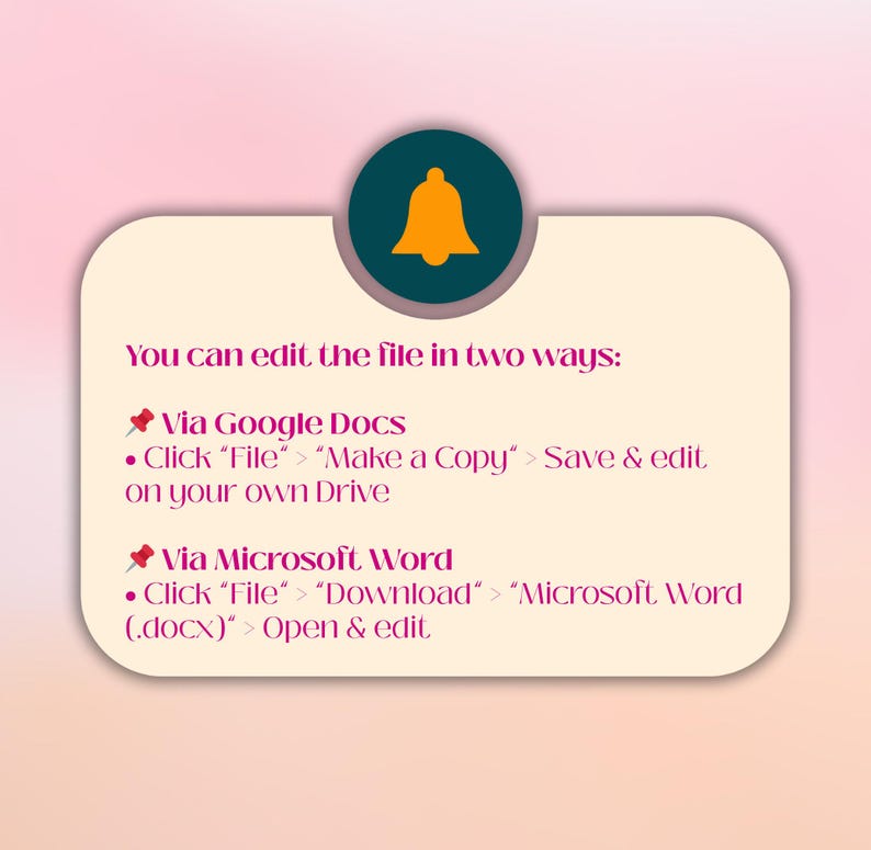 Peut inclure: Un document num&eacute;rique avec des instructions sur la fa&ccedil;on de modifier un fichier de deux mani&egrave;res. Le texte est sur un fond beige clair avec un cercle vert fonc&eacute; et une ic&ocirc;ne de cloche dor&eacute;e. Le texte comprend des instructions pour Google Docs et Microsoft Word.