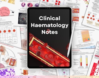 Puede incluir: Una tableta digital que muestra "Clinical Haematology Notes" con un lápiz óptico. La pantalla muestra una sección transversal de un vaso sanguíneo con glóbulos rojos. Varios diagramas y notas médicas rodean la tableta, incluido el texto "109 páginas", "Hipervinculado" y "PDF".