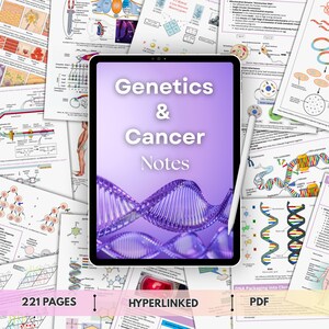 以下が含まれることがあります： Genetics & Cancer NotesというテキストとDNAの二重らせんグラフィックが描かれた紫色のカバーを表示するデジタルタブレット。周囲には細胞プロセスに関する図、グラフ、テキストが記載された生物学の学習シートが配置されています。