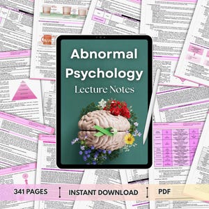 Op de afbeelding: Een digitale tablet toont "Abnormale Psychologie Lezingenotities" met een hersenillustratie versierd met bloemen. Gedrukte pagina's met roze accenten omringen de tablet. De tekst "341 PAGINA'S", "DIRECT DOWNLOADEN" en "PDF" is ook zichtbaar.