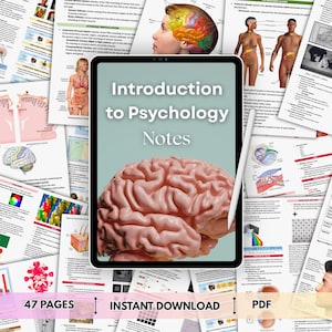 May include: A digital tablet shows "Introduction to Psychology Notes" with a 3D brain model. The tablet is surrounded by pages with anatomical diagrams and text. The image includes the text "47 PAGES", "INSTANT DOWNLOAD", and "PDF".