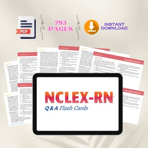 May include: A tablet computer displaying a digital product for the NCLEX-RN exam. The product is titled "NCLEX-RN Q&A Flash Cards". The tablet is surrounded by several pages of study materials, including a page with the title "Neurological Disorders".