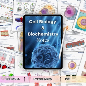 Op de afbeelding: Een digitale tablet met de tekst Cell Biology & Biochemistry Notes en een blauwe celafbeelding, omringd door meerdere pagina's met wetenschappelijke diagrammen. De tablet bevat een witte stylus en bestaat uit 152 hyperlinked pagina's.