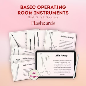 May include: A set of 53 educational flashcards titled Basic Operating Room Instruments Basic Sets & Sponges. The cards feature black and white illustrations of surgical tools like Babcock forceps, Mayo scissors, and Allis forceps with text.