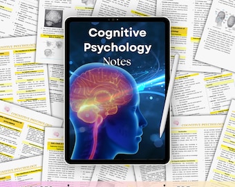 May include: A digital tablet displaying the text Cognitive Psychology Notes with a graphic of a human head and glowing brain, accompanied by a white stylus. The tablet is surrounded by multiple printed pages of cognitive psychology study notes.