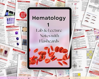 Puede incluir: Una tableta digital muestra "Hematología 1 Notas de laboratorio y conferencias con tarjetas didácticas" con ilustraciones de glóbulos rojos. La tableta está rodeada de páginas impresas con diagramas y texto médicos. La imagen también incluye el texto "100+ PÁGINAS", "DESCARGA INSTANTÁNEA" y "PDF".