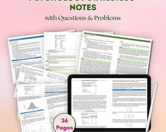 May include: Psychology Statistics Notes with Questions & Problems, featuring multiple printed pages of academic text, charts, and graphs, alongside a digital tablet displaying a page of notes and a white stylus, with a 36 Pages badge.