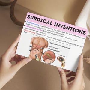 May include: Illustration of surgical procedures for gallbladder removal. The image shows a person's abdomen with a laparoscopic instrument inserted. The text describes cholecystectomy, biliary duct exploration, and biliary stenting.