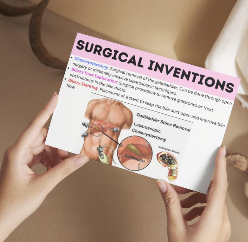 May include: Illustration of surgical procedures for gallbladder removal. The image shows a person's abdomen with a laparoscopic instrument inserted. The text describes cholecystectomy, biliary duct exploration, and biliary stenting.