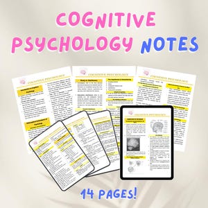 May include: A set of 14 pages of cognitive psychology notes, printed on white paper with black text. The notes are organised into sections with headings and subheadings. The pages are arranged in a stack, with the top page showing a diagram of the brain. The text on the top page reads "Cognitive Psychology Notes".