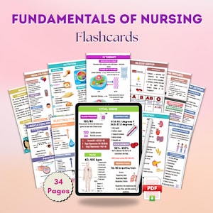 Könnte beinhalten: Eine Sammlung von Krankenpflege-Karteikarten mit dem Titel "FUNDAMENTALS OF NURSING Flashcards" in lila Schrift. Die Karteikarten behandeln Themen wie IV-Therapie, Blutgruppen und Vitalzeichen. Ein Tablet zeigt Informationen zu Vitalzeichen an. Das Set umfasst 34 Seiten.