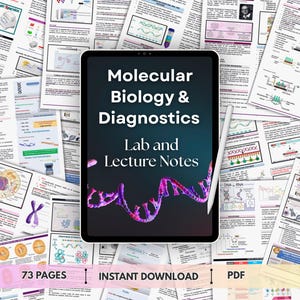 May include: A digital tablet showing "Molecular Biology & Diagnostics Lab and Lecture Notes" with a stylus, surrounded by scientific notes and diagrams. The image includes the text "73 PAGES", "INSTANT DOWNLOAD", and "PDF". The notes feature diagrams and scientific illustrations.