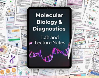 Può includere: Un tablet digitale che mostra "Molecular Biology & Diagnostics Lab and Lecture Notes" con uno stilo, circondato da appunti scientifici e diagrammi. L'immagine include il testo "73 PAGES", "INSTANT DOWNLOAD" e "PDF". Le note presentano diagrammi e illustrazioni scientifiche.