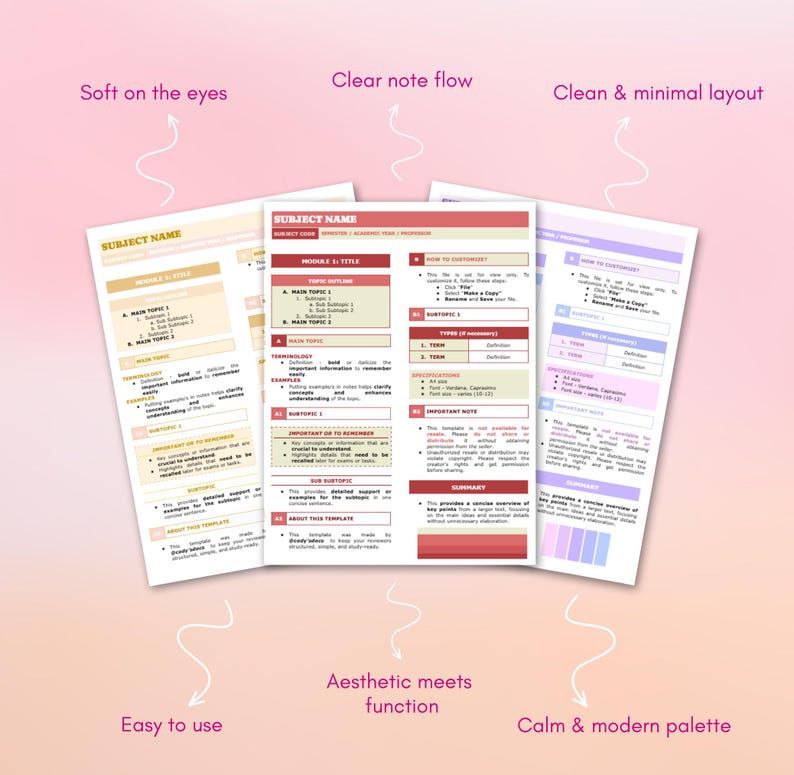 Peut inclure: Trois mod&egrave;les imprimables avec une palette de couleurs douces. Les mod&egrave;les pr&eacute;sentent des sections pour le nom du sujet, les sujets principaux, les sous-th&egrave;mes et la terminologie. Le design comprend le texte "Clear note flow", "Soft on the eyes", et "Clean & minimal layout".