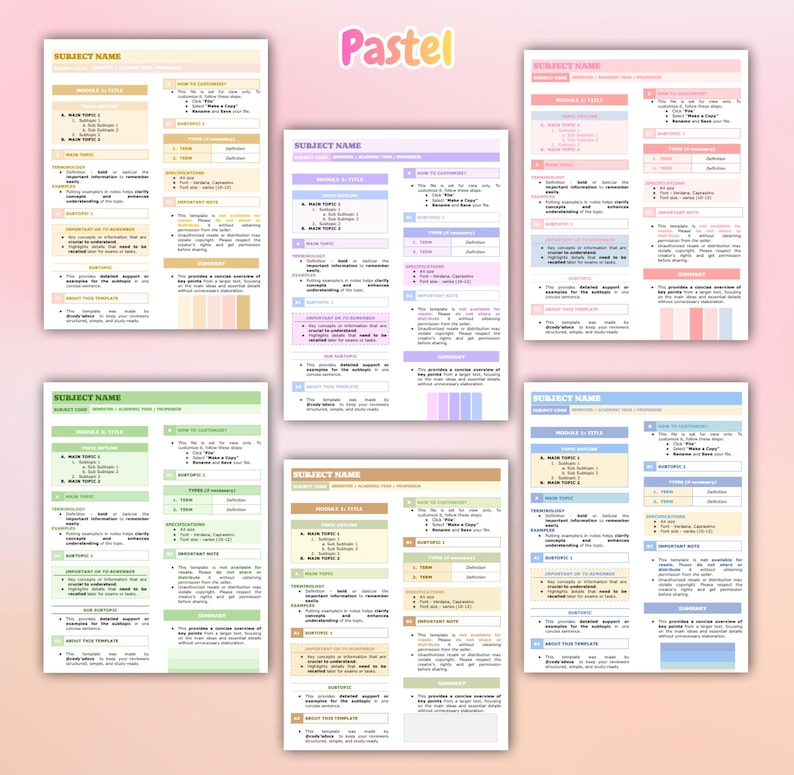 Peut inclure: Plusieurs mod&egrave;les d'&eacute;tude aux couleurs pastel avec des titres et des puces. Le mot "Pastel" est &eacute;crit dans une police ludique en haut. Chaque mod&egrave;le a une palette de couleurs diff&eacute;rente, notamment rose, jaune, vert et bleu.