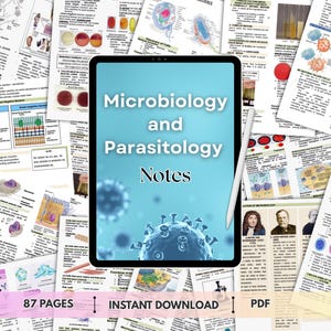 May include: A digital tablet shows "Microbiology and Parasitology Notes" with a stylus. The tablet is surrounded by printed pages with diagrams and text. The image includes the text "87 pages", "Instant Download", and "PDF".