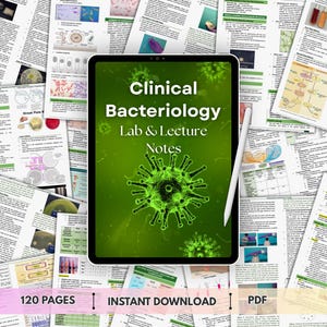 Puede incluir: Una tableta digital que muestra una portada verde titulada Clinical Bacteriology Lab & Lecture Notes con una ilustración de virus central y un lápiz óptico blanco sobre la pantalla, rodeada de múltiples páginas impresas de notas de microbiología.