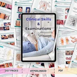 May include: A digital tablet displaying the title Clinical Skills & Examinations Notes, featuring a medical examination scene with a practitioner in gloves and a patient. The screen is surrounded by multiple pages of medical study notes and diagrams.