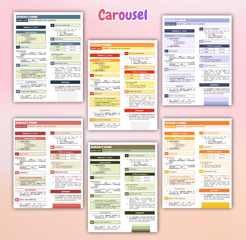 Peut inclure: Sept mod&egrave;les &eacute;ducatifs color&eacute;s sur fond rose. Chaque mod&egrave;le pr&eacute;sente une mise en page structur&eacute;e avec des sections pour le nom du sujet, le titre du module et les plans de cours. Le mot "Carousel" est &eacute;crit en violet en haut.