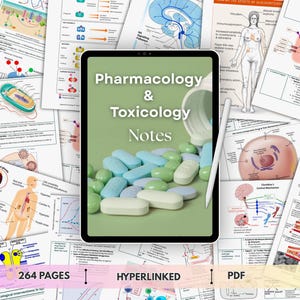 Puede incluir: Una tableta digital que muestra notas de farmacología y toxicología con un lápiz óptico blanco sobre la pantalla. La pantalla muestra un montón de pastillas azul claro y verdes saliendo de un frasco blanco. El fondo presenta diagramas médicos.