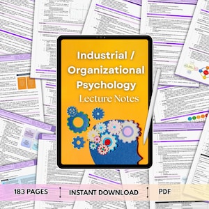 May include: A digital tablet displays "Industrial / Organizational Psychology Lecture Notes" on a yellow background, with a stylized brain graphic and gears. Surrounding the tablet are numerous pages of notes, with the text "183 pages", "Instant Download", and "PDF" at the bottom.