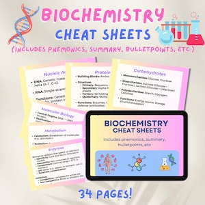 May include: A digital illustration of a tablet screen displaying a set of colorful biochemistry cheat sheets. The title of the cheat sheets is "Biochemistry Cheat Sheets" and the text below the title says "Includes mnemonics, summary, bulletpoints, etc." The bottom of the screen says "34 Pages!"