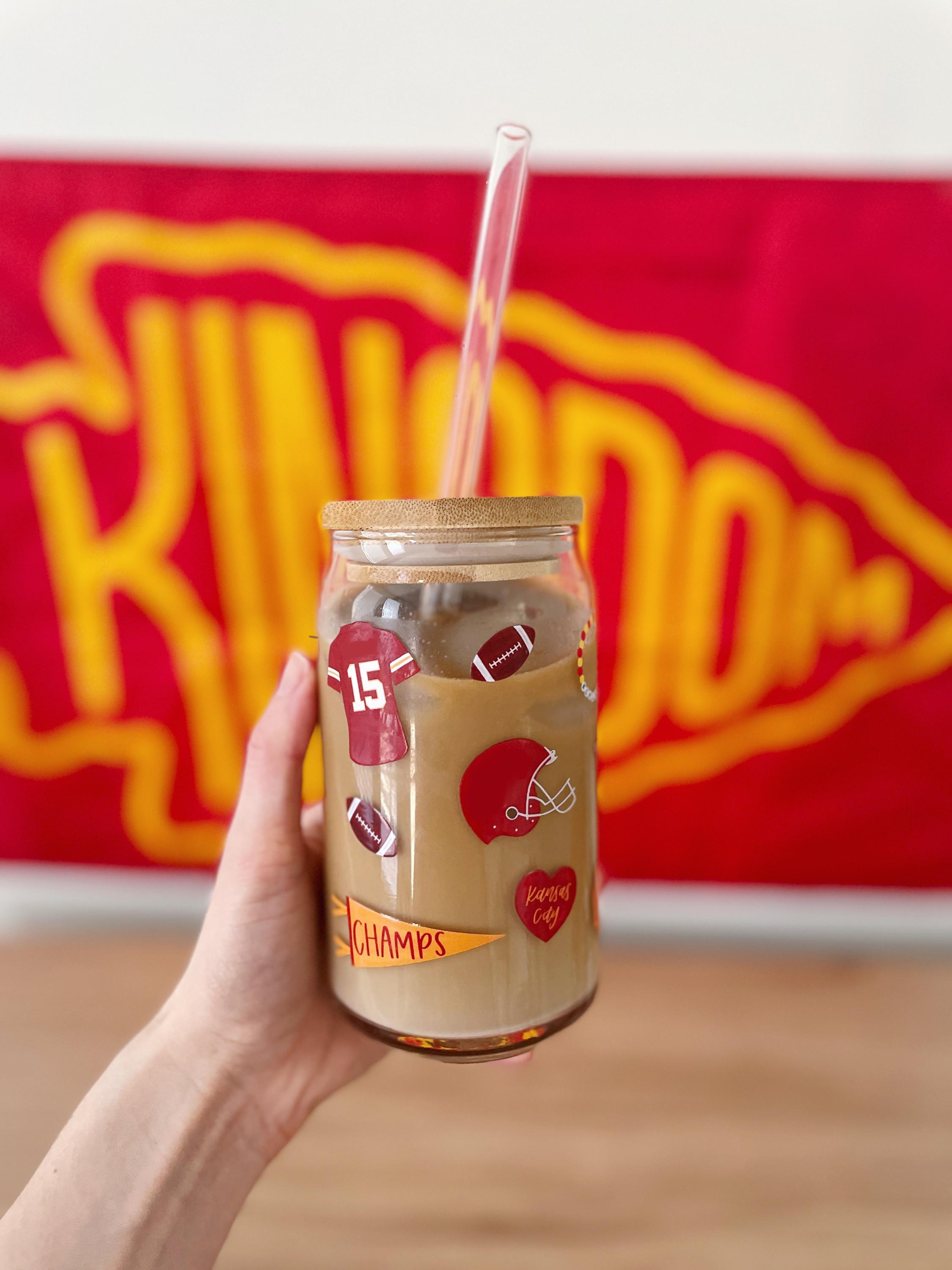 Kansas City Football, Iced Coffee Cup, Super Bowl Champs, Arrowhead KC, Kansas City World Champs, KC Glass Cup, Iced Coffee Lover Gift Idea