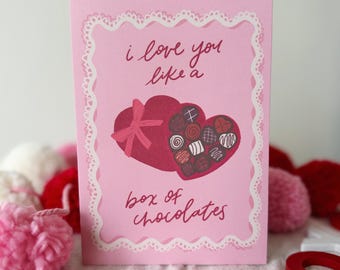 Valentine's Day Card, Cute Valentine's Day Stationery, Greeting Cards, Vday Card, Holiday Valentines Day Cards, Box of Chocolates, Love Card