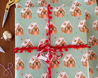Cute Gingerbread House Wrapping Paper, Whimsical Holiday Gift Wrap, Adorable Christmas Gift Wrap Roll, Cute Christmas Wrapping, Gingerbread