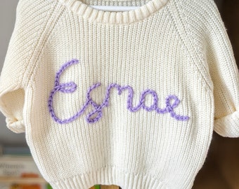 Personalised Baby Name/Age Knit, Hand-embroidered Baby/Toddler Knitted Sweater, Customised Baby Gifts