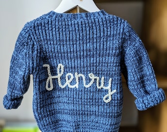 Personalised Baby Name/Age Knit, Hand-embroidered Baby/Toddler Knitted Cardigan, Customised Baby Gifts