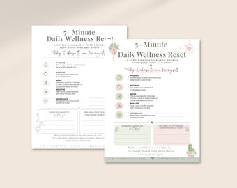 May include: Two white paper sheets titled 5-Minute Daily Wellness Reset with pastel illustrations of a hanging plant, sun, and cactus. The text includes sections for hydrate, nourish, move, breathe, and appreciate, with lines for daily reflections.