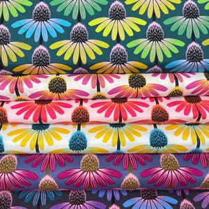 May include: A stack of colorful fabric with a repeating pattern of stylized coneflowers. The flowers feature a dark center, with petals in shades of yellow, green, blue, pink, and purple. The background colors vary from teal to white and dark purple.
