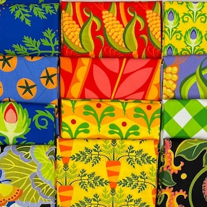 May include: A collection of colorful fabric swatches with various patterns. Designs include carrots, corn, and floral motifs in shades of blue, red, yellow, and green. The fabrics are arranged in a grid, showcasing the variety of prints.