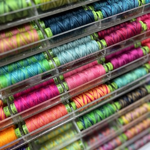 Puede incluir: Primer plano de una variedad de carretes de hilo de bordar de colores organizados en un estuche de almacenamiento de plástico transparente. Los carretes están dispuestos en filas y columnas, con cada carrete que contiene un color de hilo diferente.