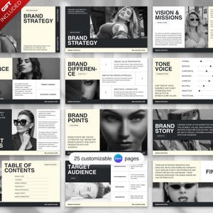 May include: A black and white presentation template with the title "Brand Strategy" and a table of contents. The template includes sections on brand core, audience, brand difference, brand points, and brand framework. The template is designed to help businesses develop and implement a successful brand strategy.