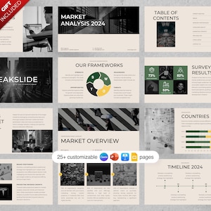 May include: A presentation slide deck with a black and white city skyline background. The title slide reads "Market Analysis 2024". Other slides include "Our Frameworks", "Market Overview", "Table of Contents", "Survey Results", "Countries", and "Timeline 2024".