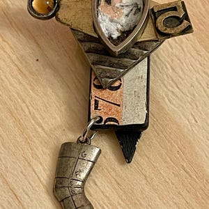 Steampunk Assemblage Brooch: Portrait Miniature, Articulated Leg Charm, Signed Artist Piece