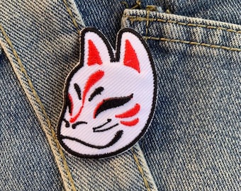 Kitsune Mask iron on Patch , Sew On Embroidered Patch Appliqués