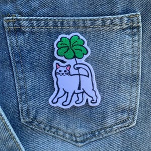 Cat with Clover  iron on Patch , Sew On Embroidered Patch Appliqués