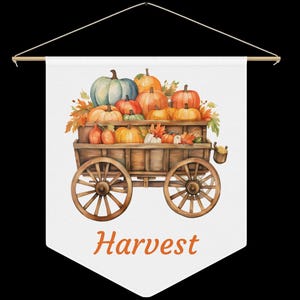 Pumpkin Harvest Pennant Banner, Vintage Wooden Cart Wall Art, Boho Fall Decor, Rustic Home Thanksgiving Wall Hanging, Cozy Farmhouse Accent
