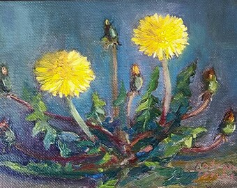 Pusteblumen.Ölgemälde, kleine Gemälde, Miniaturmalerei, Originalgemälde, Landschaftsbilder, Freilichtbilder