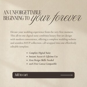 May include: A digital wedding template advertisement on a beige background with the text: AN UNFORGETTABLE BEGINNING TO your forever. It lists features including a complete digital suite, instant access, lifetime use, and Canva compatibility.