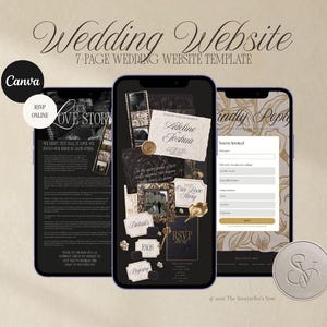 May include: A 7-page wedding website template for Canva displayed on three smartphone screens. The design features black and cream backgrounds with vintage-style graphics, including film strips, a wax seal, a gold key, and text reading Adeline and Joshua.