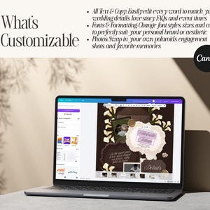 May include: A laptop screen displaying a Canva design interface for a wedding invitation template. The template features dark brown backgrounds, floral accents, and text reading Adelaide and Julian. The screen includes a list of customizable features like text, fonts, and photos, with a Canva logo in the corner.