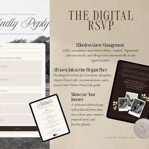 May include: A digital RSVP template featuring a form with fields for name, attendance, and meal choices. It includes tablet mockups displaying event details and a photo gallery page. Text includes "Kindly Reply," "The Digital RSVP," and "Showcase Your Journey."
